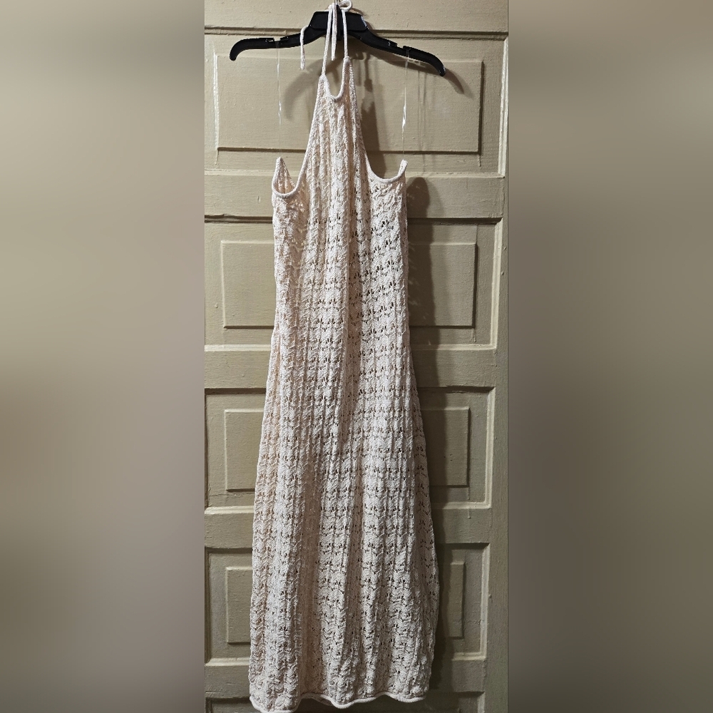 Future Collective Alani Noelle Halter Tie Neck Tie Back Knit Crochet Midi Dress